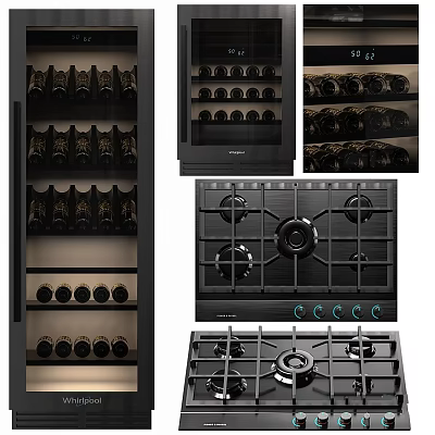 Modern Kitchen Appliances With Multi tiered Wine Rack And Black Gas Cooktop 3d model