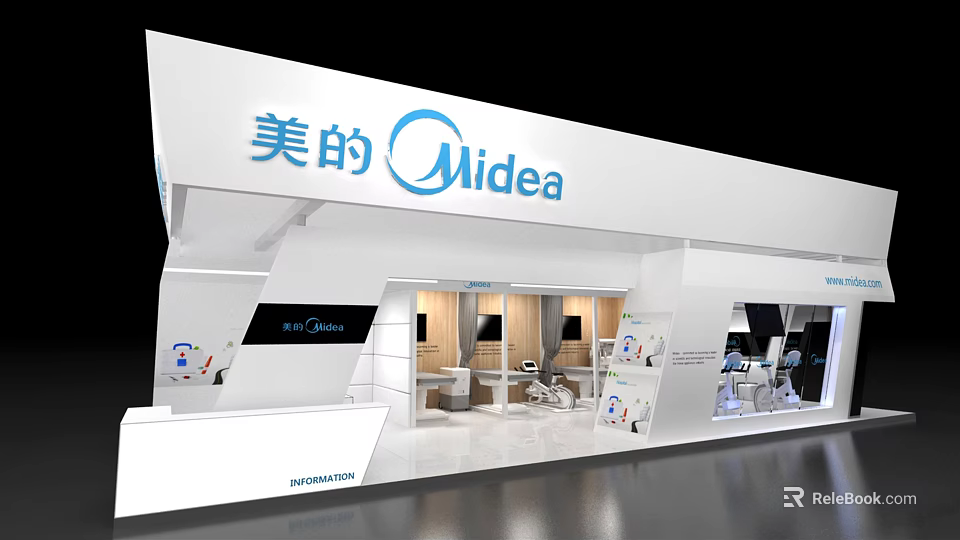 Midea Exhibition Booth Modern White Design With Product Displays And Entrance Area 3d model 