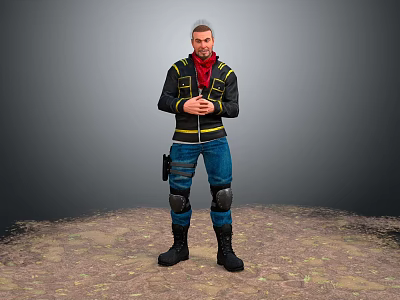 Adventurer In Black Yellow Striped Jacket Red Scarf Standing With Wolf On Sandy Ground 3d model