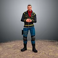Adventurer In Black Yellow Striped Jacket Red Scarf Standing With Wolf On Sandy Ground