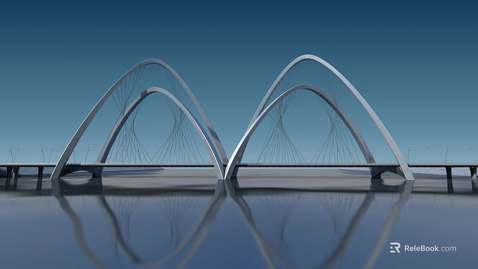 Modern Arched Cable Stayed Bridge With Steel Cables And Water Reflection In Urban Landscape 3d model 