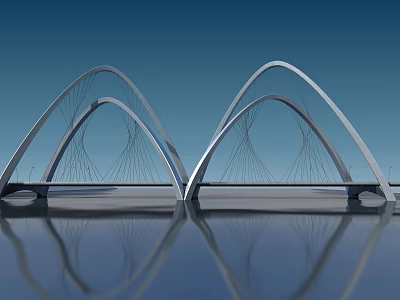 Modern Arched Cable Stayed Bridge With Steel Cables And Water Reflection In Urban Landscape 3d model
