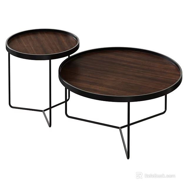 Nesting Round Functional Table Set With Wooden Top And Black Metal Frame 3d model