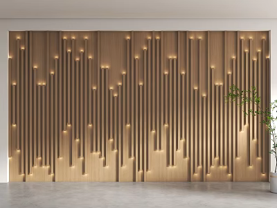 Modern Wooden Sofa Background Wall With Lighting And Potted Plant 3d model