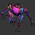 Anime Style Girl And Colorful Robot Creature With Multiple Legs Round Head And Blue Liquid