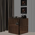 Walnut Wood Side Table With Tea Set Teacups On Tray Near Curtains And Framed Art
