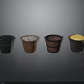 Four Colorful Decorative Buckets With Varied Materials And Metal Handles