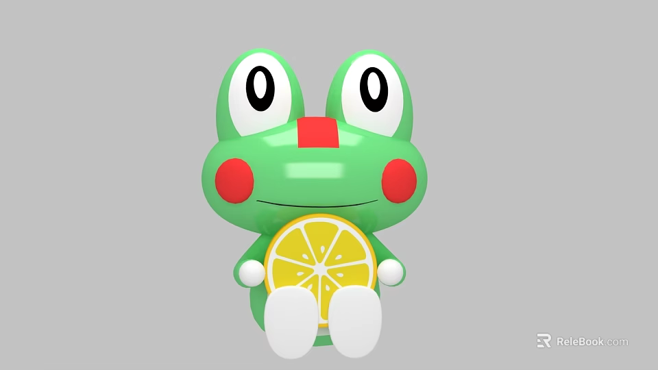 Green Cartoon Frog Doll with Big Eyes Red Cheeks Red Nose holding Lemon Slice 3d model 