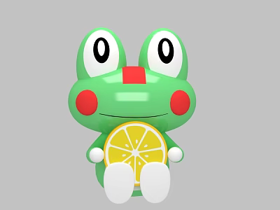 Green Cartoon Frog Doll with Big Eyes Red Cheeks Red Nose holding Lemon Slice 3d model