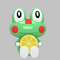Green Cartoon Frog Doll with Big Eyes Red Cheeks Red Nose holding Lemon Slice