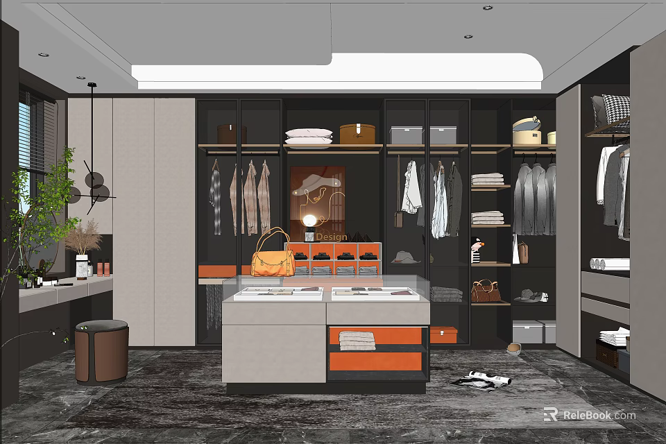 Elegant Modern Walk-in Closet Interior Design With Hanging Garments Storage Cabinets And Countertop 3d model 