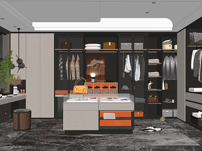 Elegant Modern Walk-in Closet Interior Design With Hanging Garments Storage Cabinets And Countertop 3d model