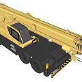 Yellow Construction Crane Truck With Long Boom And Black Yellow Warning Stripes