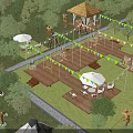 Tranquil Garden Landscape Design With Wooden Platforms Colorful Bunting Pavilion And Umbrellas
