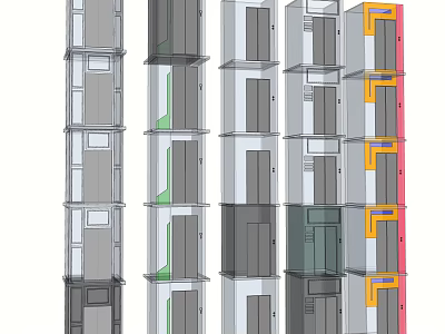 Modern Elevator Hallway Design With Multiple Floors Colorful Sections And Glass Panels 3d model
