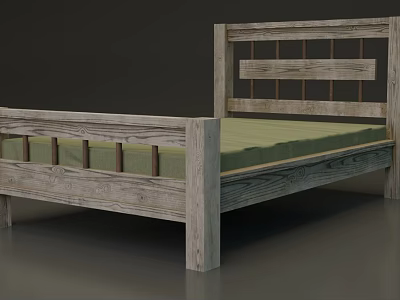 Rustic Wooden Double Bed With Green Mattress And Grid Headboard Design 3d model