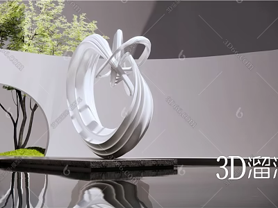 Modern White Abstract Sculpture with Curved Design in Garden with Water Reflection and Green Plants 3d model