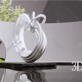 Modern White Abstract Sculpture with Curved Design in Garden with Water Reflection and Green Plants