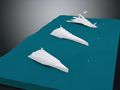 Three White Spacecraft Models On Blue Cosmic Surface With Dark Space Background 3d model