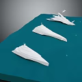 Three White Spacecraft Models On Blue Cosmic Surface With Dark Space Background 3d model