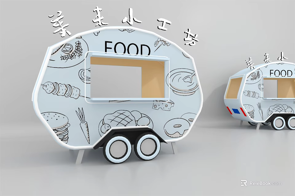 Hand Drawn Food Truck With FOOD Sign And Illustrated Snacks For Street Service 3d model 