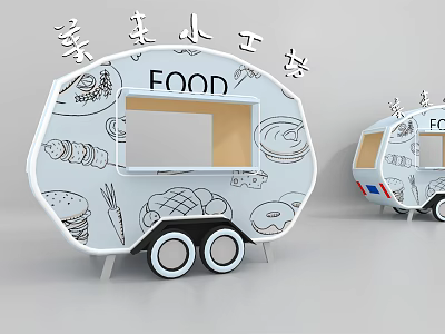 Hand Drawn Food Truck With FOOD Sign And Illustrated Snacks For Street Service 3d model