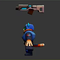 3D Model of Cat Character in Blue Uniform with Green Goggles and Floating Gun