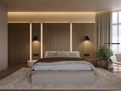 Modern Bedroom With Wooden Accent Wall Black Sconces Gray Bed Large Window And Green Plant 3d model