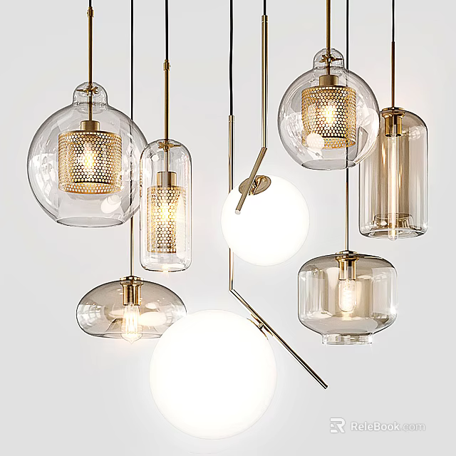 Modern Glass Pendant Lights With Brass Accents Spherical Cylindrical Shapes And Warm Glow 3d model 