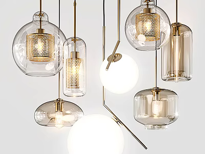 Modern Glass Pendant Lights With Brass Accents Spherical Cylindrical Shapes And Warm Glow 3d model