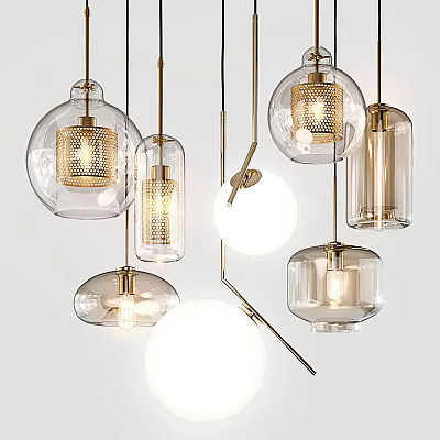 Modern Glass Pendant Lights With Brass Accents Spherical Cylindrical Shapes And Warm Glow 3d model