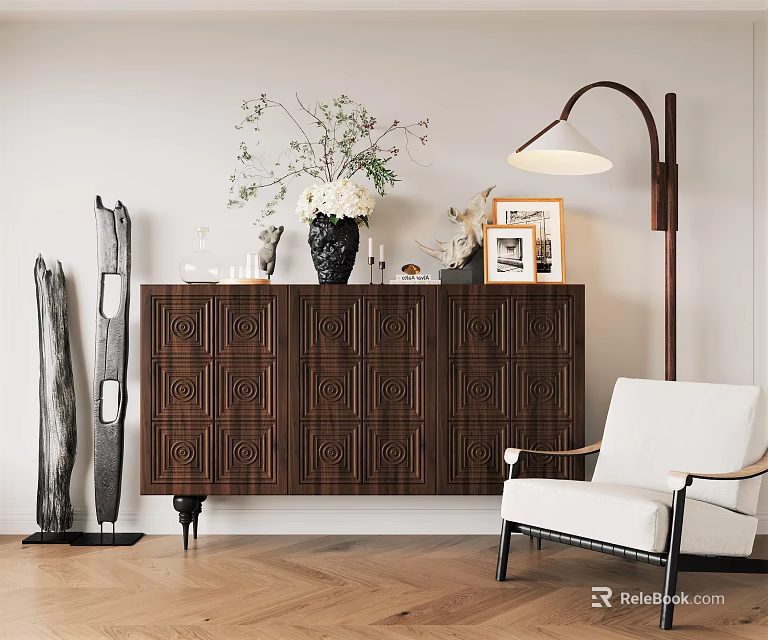 Elegant Modern Entryway Side Cabinet With Geometric Pattern Doors Vase Frames Floor Lamp And Chair 3d model 