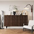 Elegant Modern Entryway Side Cabinet With Geometric Pattern Doors Vase Frames Floor Lamp And Chair