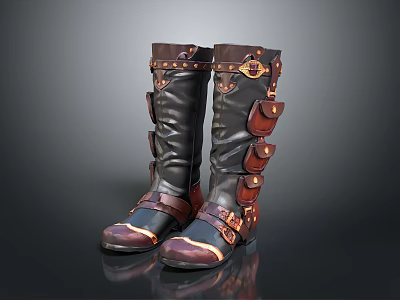 Stylish Tall Black Brown Boots With Multiple Pockets And Decorative Buckles 3d model