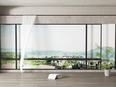 Floor-to-ceiling Windows with Scenic View of Green Hills River Distant Buildings White Curtains Wooden Floor 3d model
