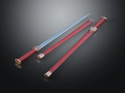 Traditional Swords With Red Scabbards And Ornate Handles On Black Background 3d model