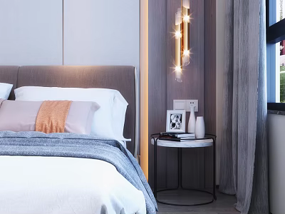 Modern Bedroom Interior With Round Side Table Beside Bed Pillows Wall Sconce Lights And Curtains 3d model