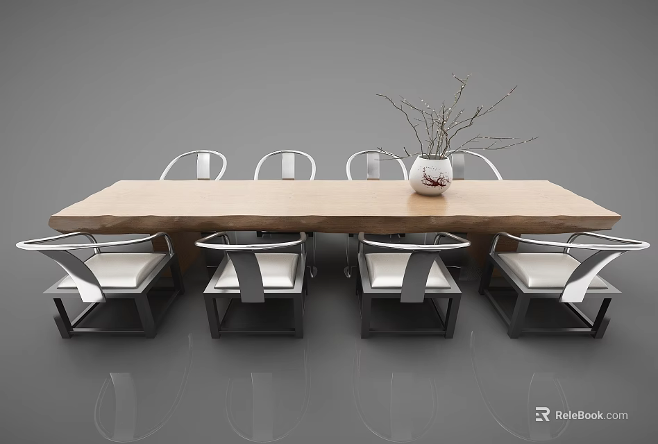 Modern Dining Table Set With Long Wooden Table Modern Chairs White Cushions And Vase 3d model 