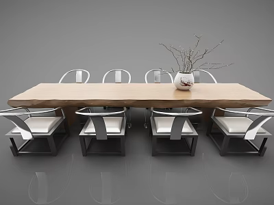Modern Dining Table Set With Long Wooden Table Modern Chairs White Cushions And Vase 3d model