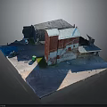 Small Building Model With Red And Blue Painted Walls Roof And Window Details