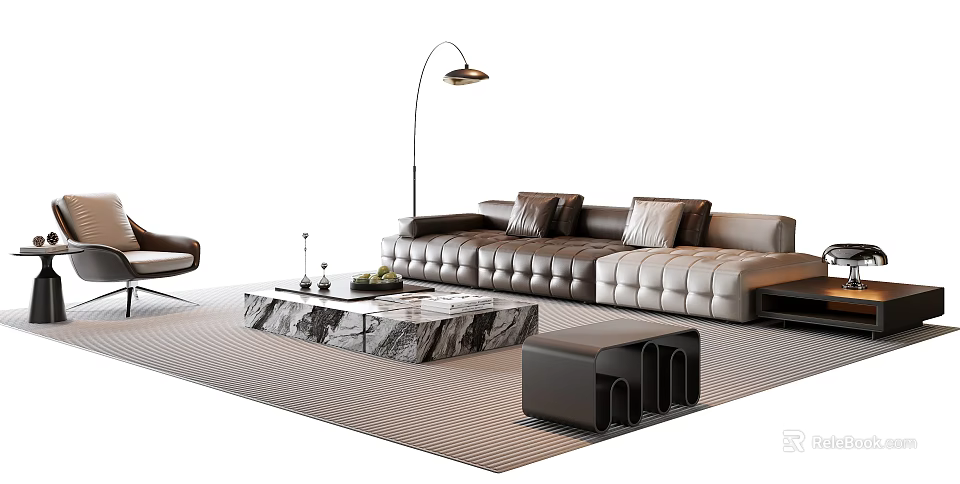 Modern Leather Sofa and Coffee Table Set with Marble Top and Floor Lamp on Area Rug 3d model 