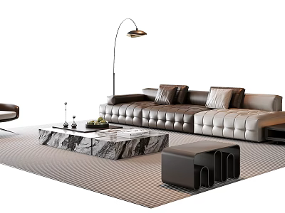 Modern Leather Sofa and Coffee Table Set with Marble Top and Floor Lamp on Area Rug 3d model
