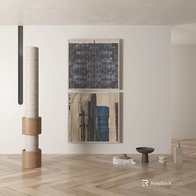 Modern Interior Design With Abstract Paintings Decorative Column Herringbone Floor And Items 3d model