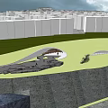 Tranquil Garden Landscape With Curved Stone Walls Pathway Sunlit Forest And People Walking
