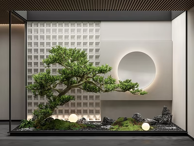 Tranquil Indoor Landscape With Bonsai Tree White Grid Wall Round Decor And Spherical Lights 3d model