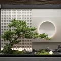 Tranquil Indoor Landscape With Bonsai Tree White Grid Wall Round Decor And Spherical Lights