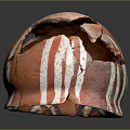 Broken Carved Ceramic Sculpture With Red White Stripes Holes And Spherical Shape
