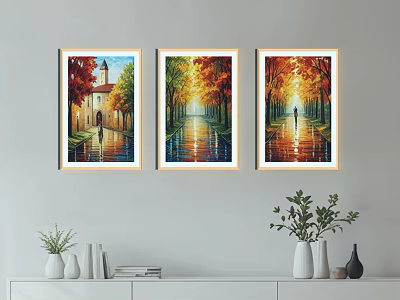 Three Autumn Landscape Paintings with Red Yellow Trees Church Path and Water Reflection 3d model