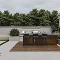 Modern Outdoor Garden Featuring Kitchen Grill Dining Table Bar Stools Green Plants and Wooden Flooring