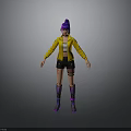 3D Character Design With Purple Hair Yellow Jacket Black Shorts And Purple Boots